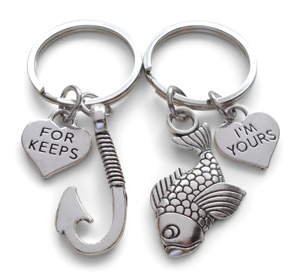 Silver Fish and Hook Keychain Set with For Keeps and I'm Yours Heart Charms; Couples Keychain Set