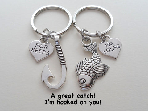 Silver Fish and Hook Keychain Set with For Keeps and I'm Yours Heart Charms; Couples Keychain Set