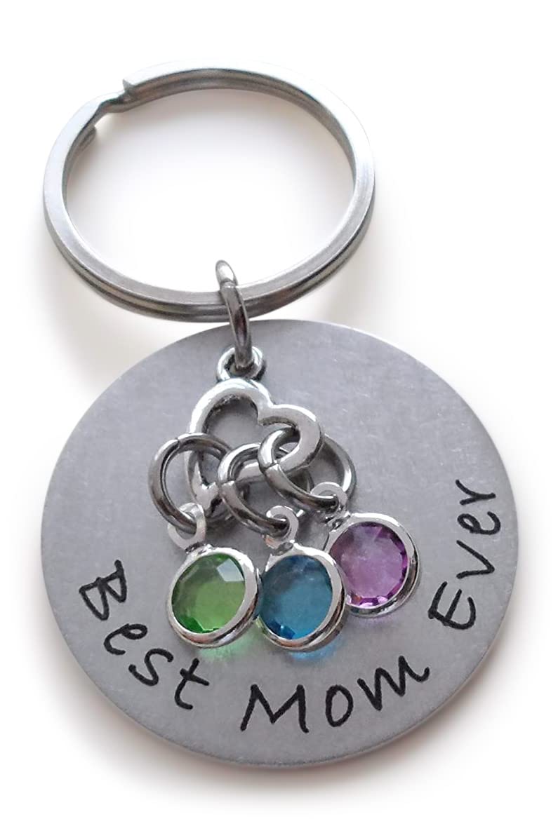 Custom Engraved Disc with Heart Charm and Birthstone Charms, Gift for Mom or Gift for Grandma