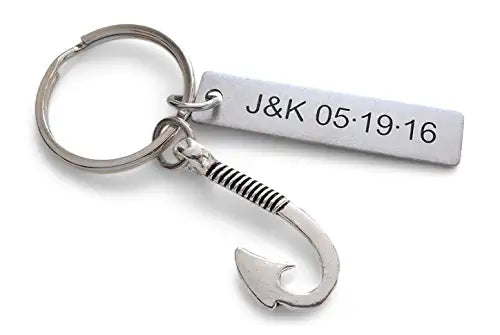 Custom Fish Hook Keychain with Engraved Tag for Couples or Best Friends Initials, Anniversary Gift Keychain