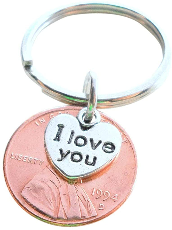 I Love You Heart Charm Layered Over 1994 Penny Keychain; 28 Year Anniversary Gift, Couples Keychain