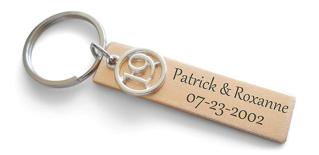 Custom Engraved Bronze Tag with Number 19 Charm Keychain, 19 Year Anniversary Gift Keychain, Personalized Engraved Keychain