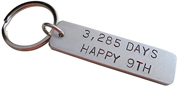 Aluminum Tag Keychain Stamped with "3,285 Days, Happy 9th"; Hand Stamped 9 Year Anniversary Couples Keychain