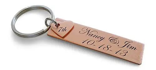 Custom Engraved Copper Tag with Heart Keychain, Anniversary Gift Keychain, Personalized Engraved Keychain