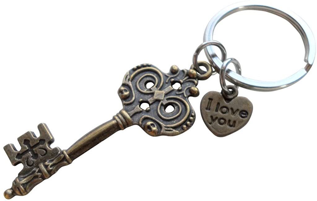 Bronze Key Charm Keychain with "I Love You" Heart Charm - You've Got the Key to My Heart; Couples Keychain