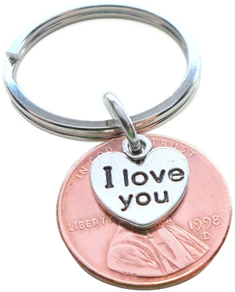 24 Year Anniversary Gift • I Love You Heart Charm Layered Over 1998 Penny Keychain by Jewelry Everyday