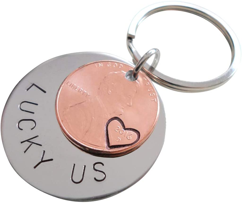 Steel Disc Keychain with 2016 Penny Hand Stamped Heart Around Year; 6 Year Anniversary Gift, Couples Keychain