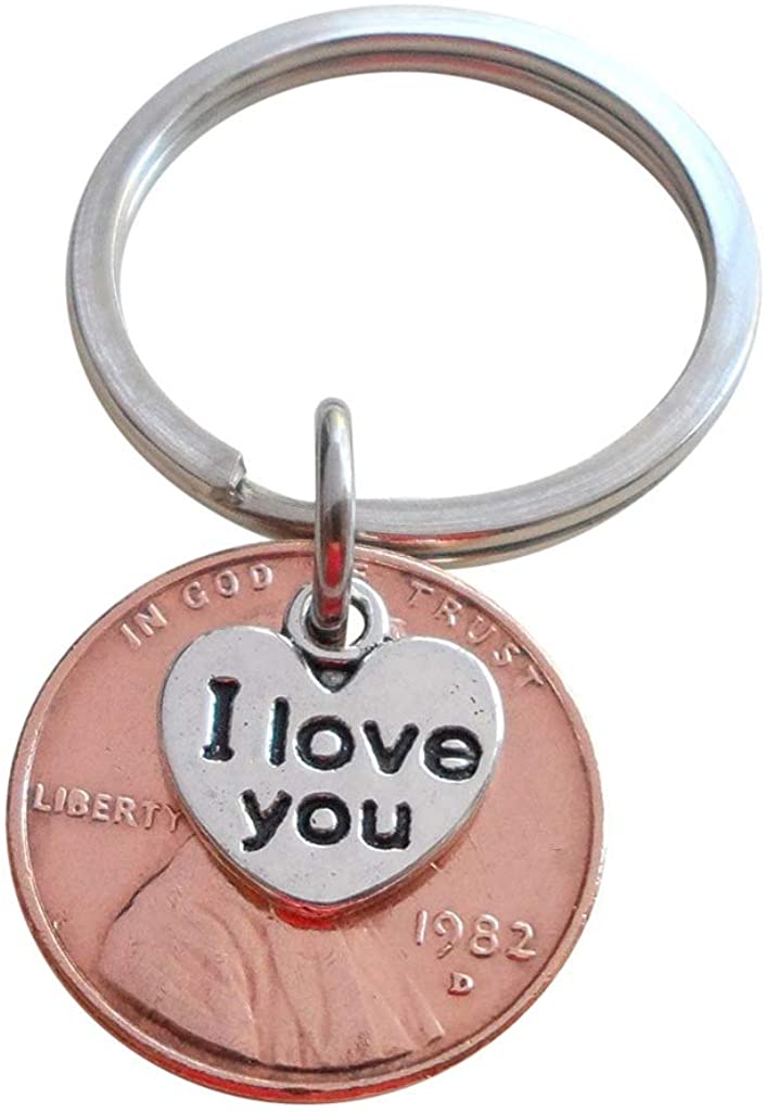 I Love You Heart Charm Layered Over 1982 Penny Keychain; 40 Year Anniversary Gift, Couples Keychain