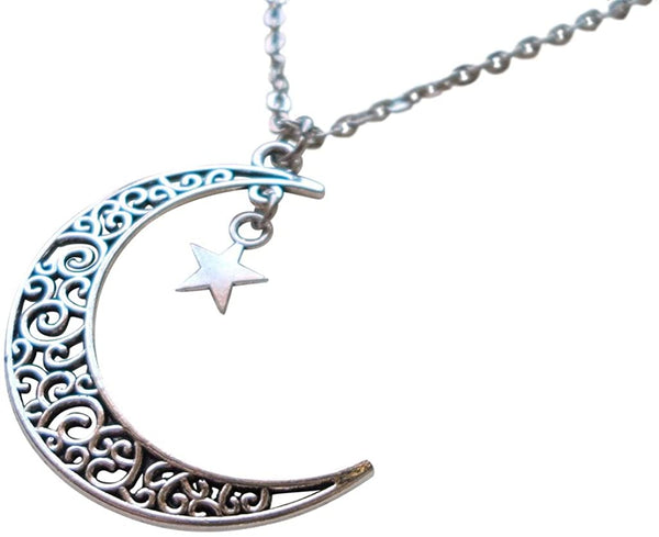 Large Crescent Moon Necklace with Hanging Star Charm