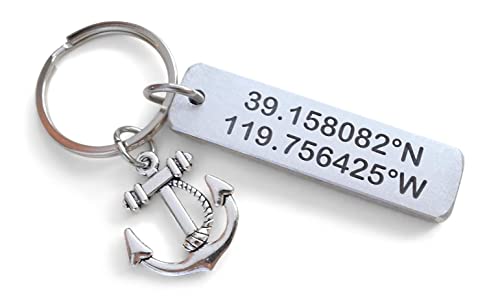Custom Engraved Coordinates Keychain Aluminum Tag, Anniversary Gift Keychain, Special Occasion GPS Keychain with Anchor Charm