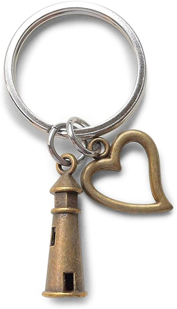Bronze Lighthouse Keychain With Heart Charm- I'd Be Lost Without You; Couples Keychain