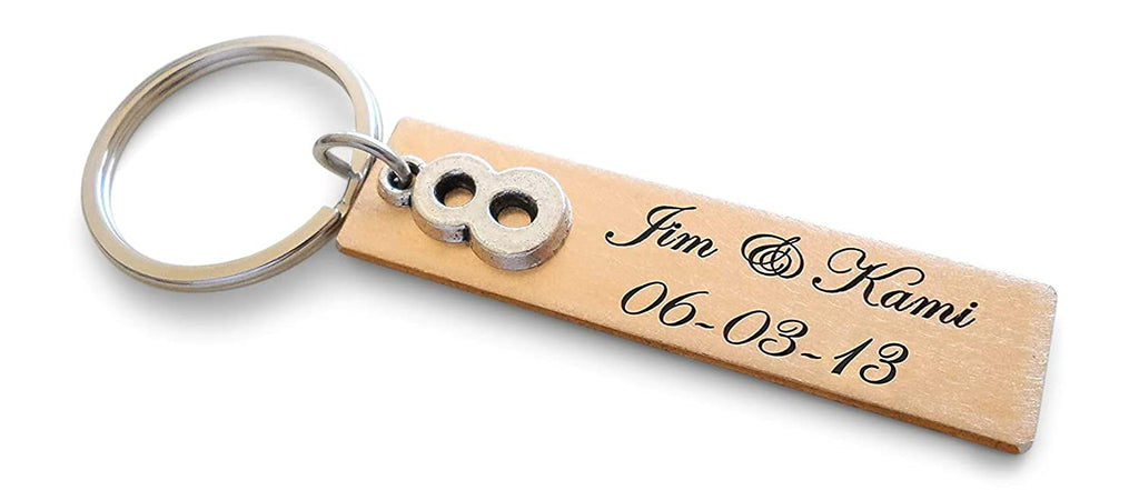 Custom Engraved Bronze Tag with Number 8 Charm Keychain, 8 Year Anniversary Gift Keychain, Personalized Engraved Keychain