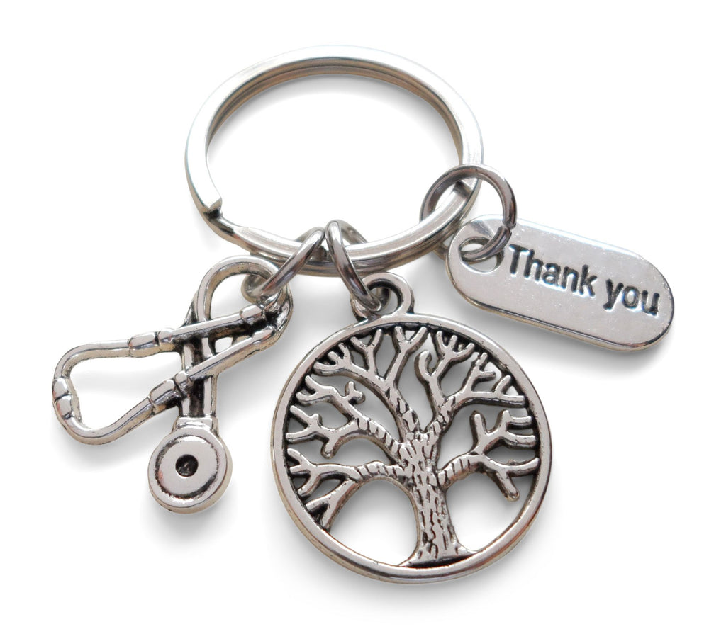 Medical Professional Charm Keychain, Nurse Appreciation Keychain With Small Tree & Stethoscope Charm with Thank You Charm