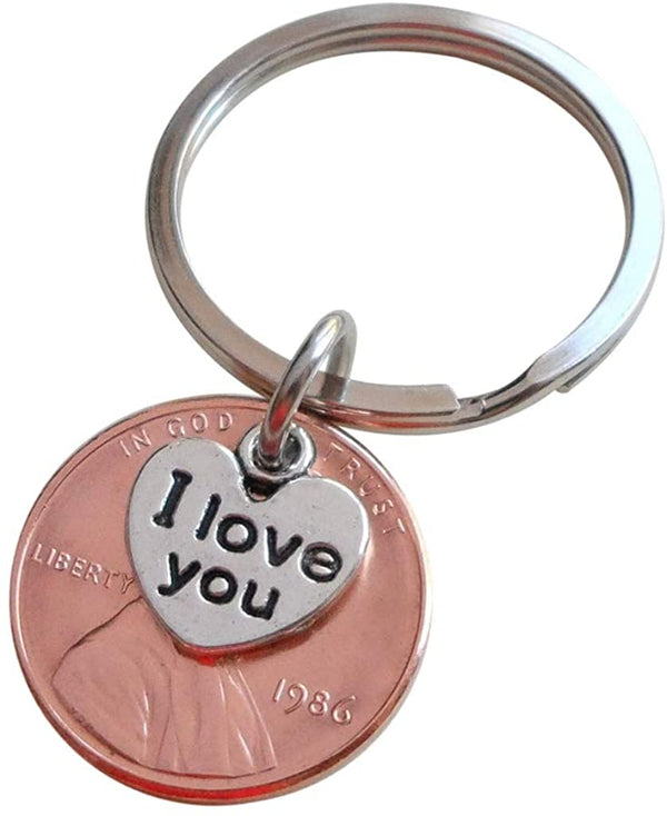 I Love You Heart Charm Layered Over 1986 Penny Keychain; 36 Year Anniversary Gift, Couples Keychain