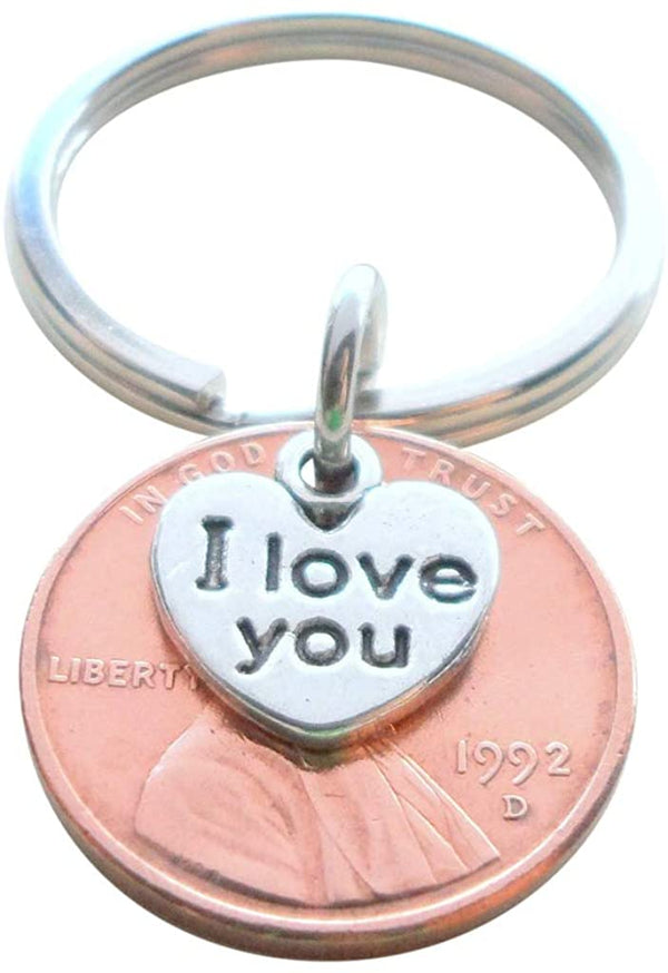 I Love You Heart Charm Layered Over 1992 Penny Keychain; 30 Year Anniversary Gift, Couples Keychain