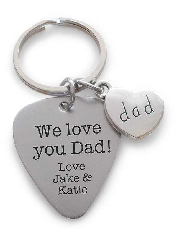 Custom Engraved Stainless Steel Guitar Pick Keychain with Dad Heart Charm for Father's Day