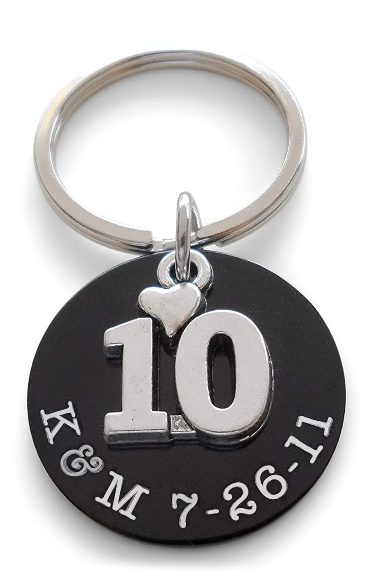 Custom Engraved Anodized Aluminum Disc Anniversary Keychain With a 10 Charm, Couples Keychain