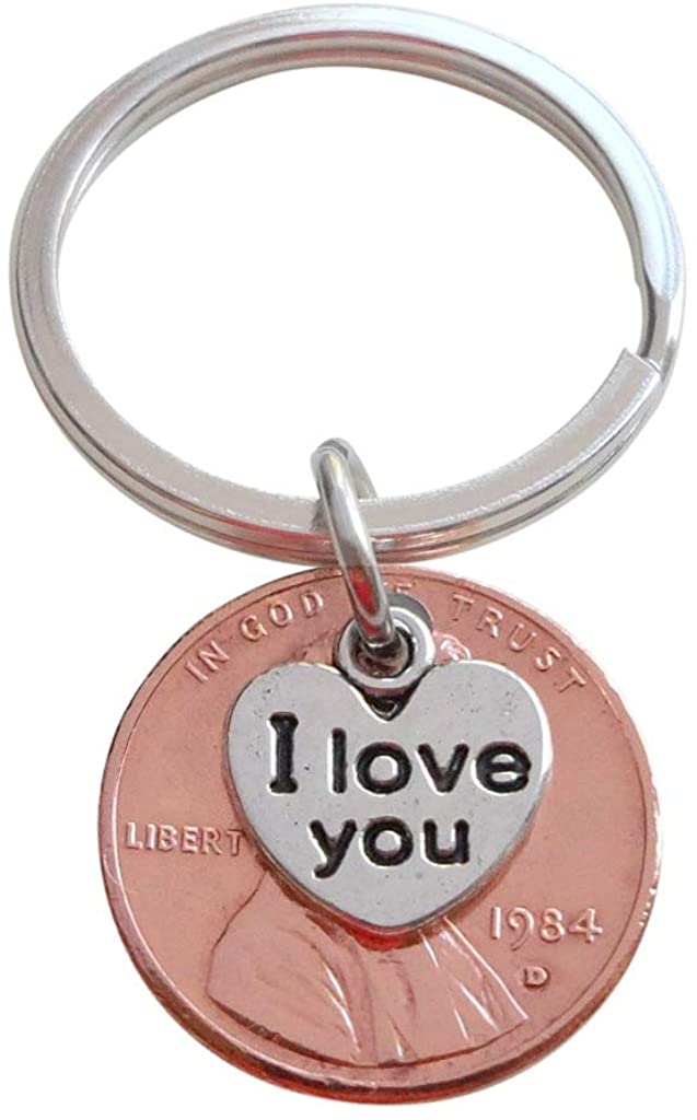 I Love You Heart Charm Layered Over 1984 Penny Keychain; 38 Year Anniversary Gift, Couples Keychain