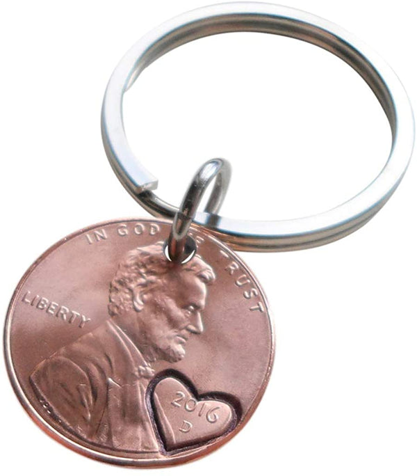 2016 Penny Keychain with Heart Around Year; 8 Year Anniversary Gift, Couples Keychain