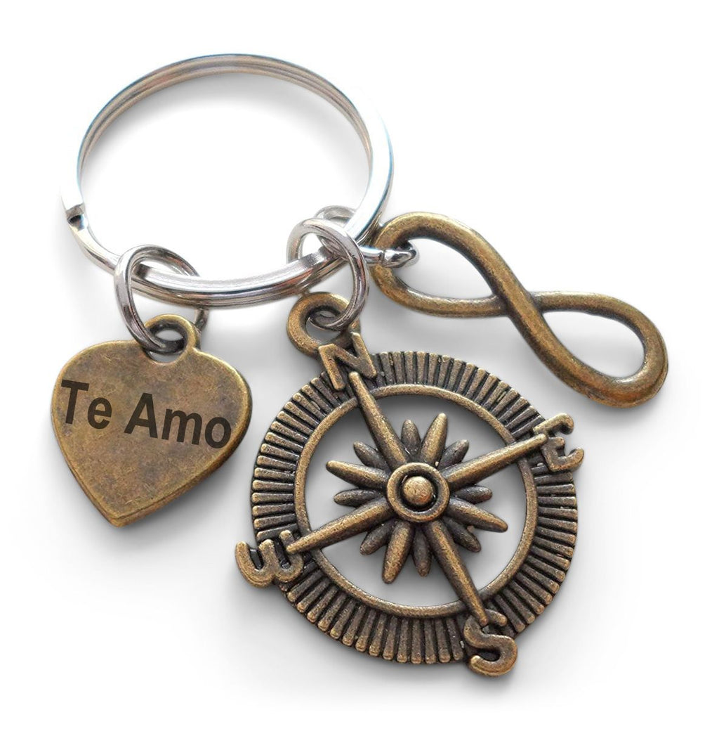 Bronze Compass & Infinity Charm Keychain with Heart Tag Engraved "Te Amo" (I Love You) in Spanish, Couples Keychain