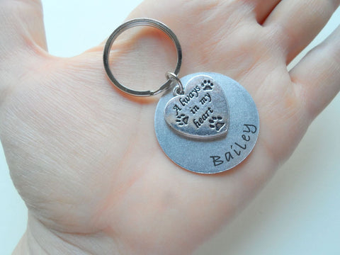 Custom Always in My Heart Paw Print Charm Keychain with Engraved Disc, Pet Loss, Dog Memorial Keychain, Family Pet Memorial Keychain