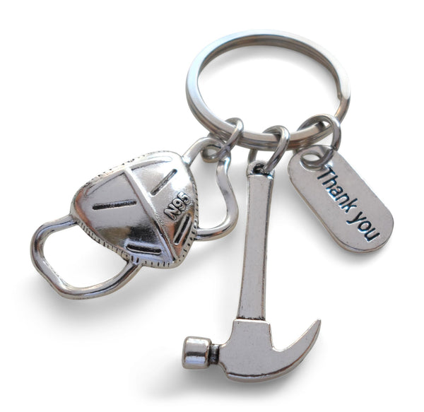 Hammer, Face Mask, & Thank You Charm Keychain, Builder or Volunteer Appreciation Keychain