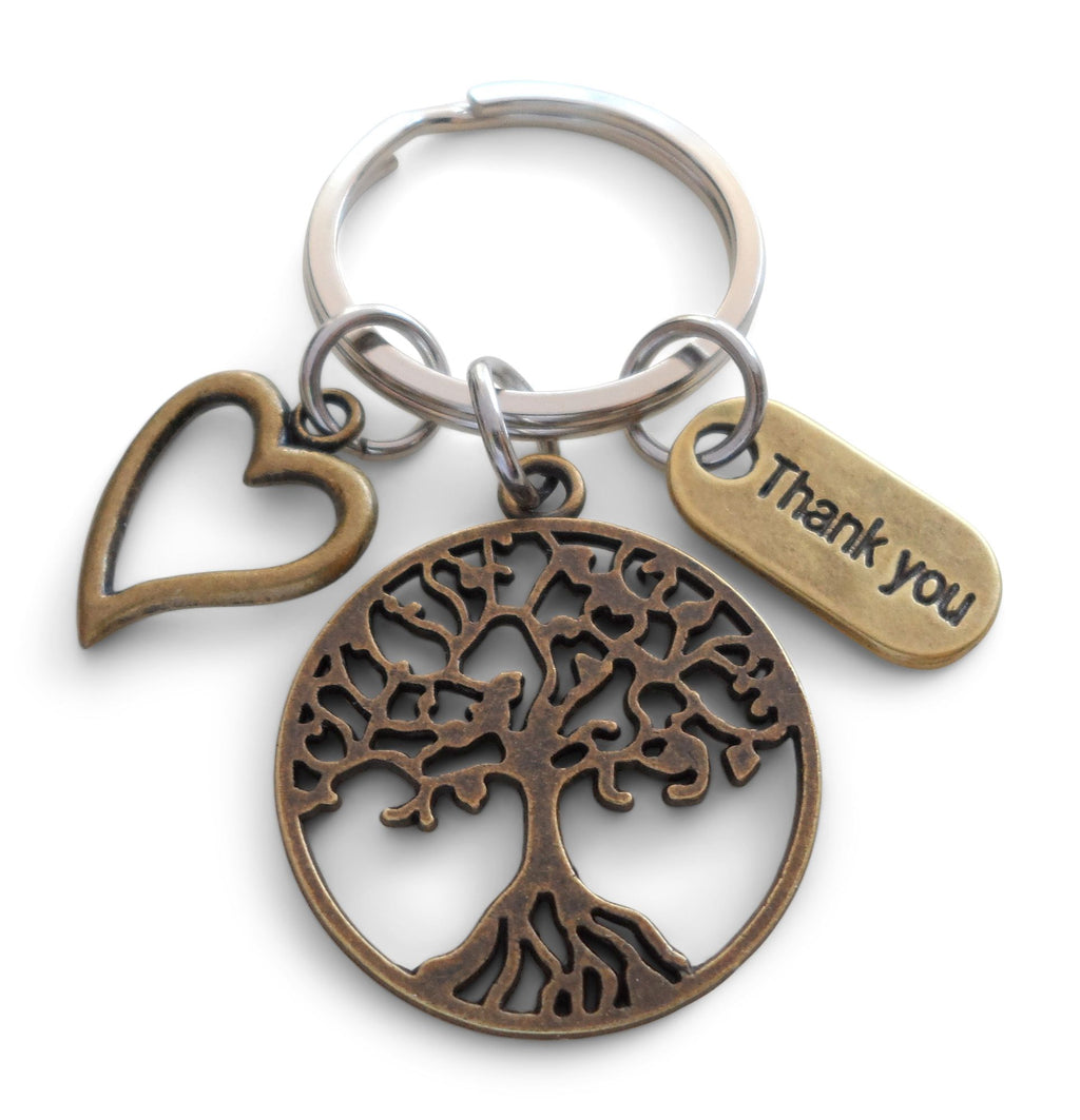 Caregiver, Home Aid Caretaker, Volunteer, or Teacher Keychain Gift, Bronze Tree, Heart, & Thank You Charm