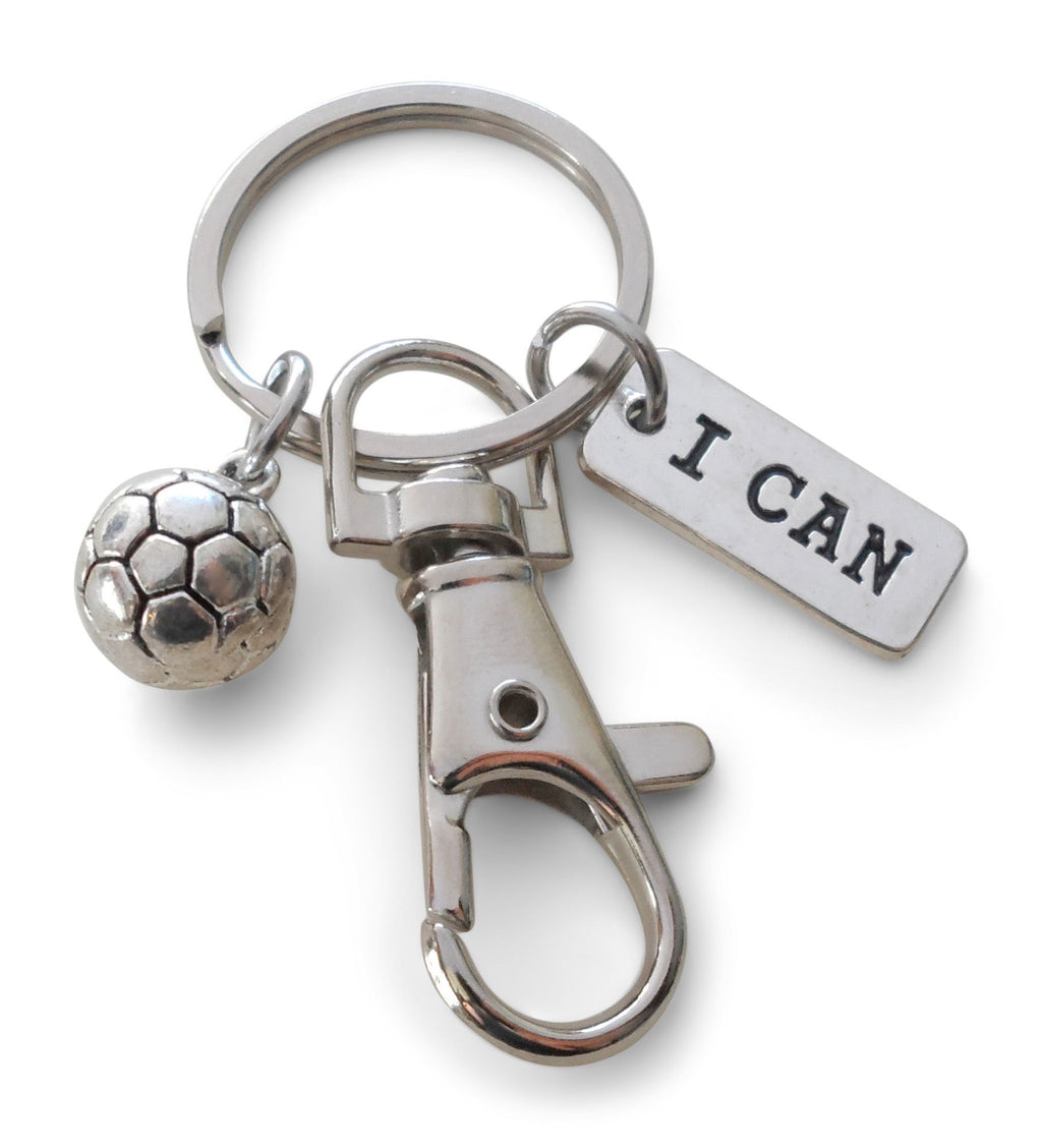 Soccer Ball Keychain with I Can Charm and Swivel Clasp Hook, Soccer Player or Coach Keychain