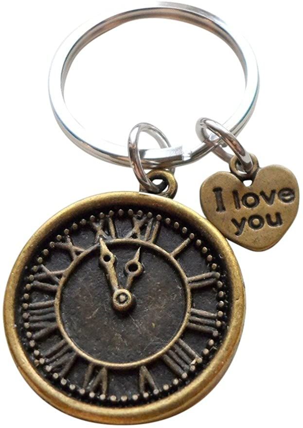Custom Bronze Clock Keychain with I Love You Heart Charm & Option to Add Engraving on Back for Couples or Best Friends, Anniversary Gift Keychain