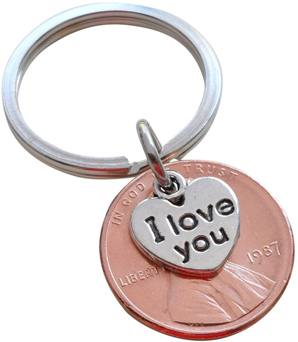 I Love You Heart Charm Layered Over 1987 Penny Keychain; 35 Year Anniversary Gift, Couples Keychain