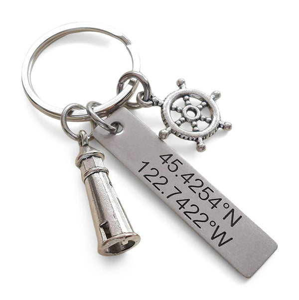 Custom Lighthouse & Ships Helm Keychain with Engraved Steel Tag for Couples or Best Friends, Anniversary Gift Keychain