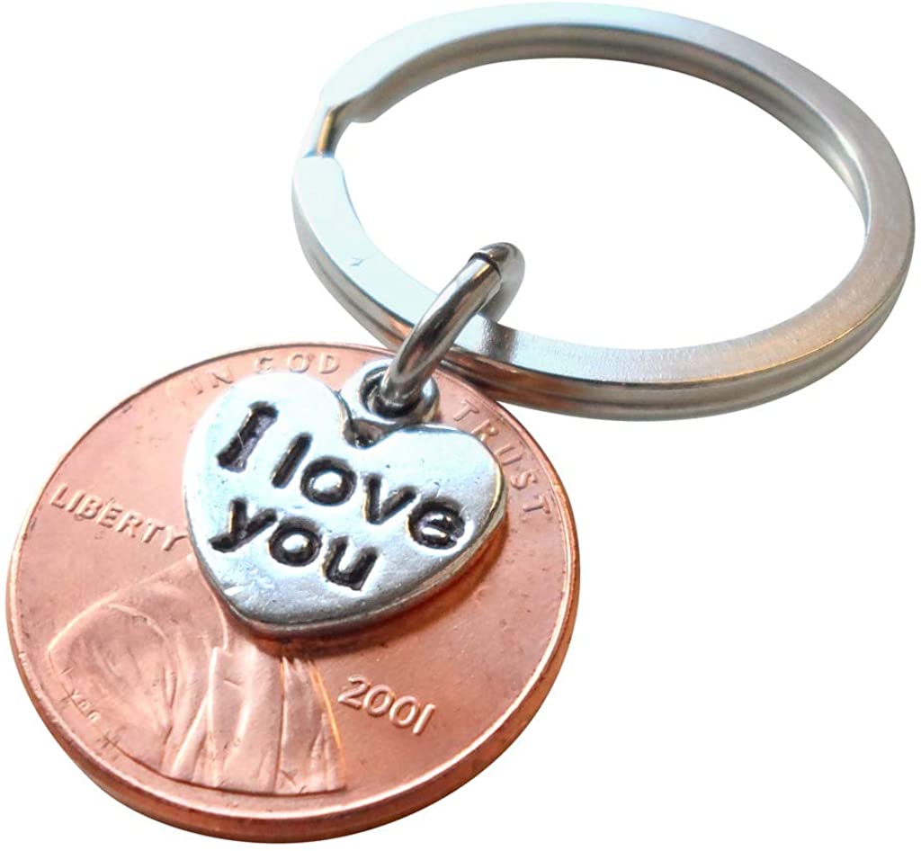 21 Year Anniversary Gift • 2001 Penny Keychain w/ "I Love You" Heart Charm by Jewelry Everyday