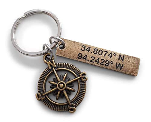 Custom Bronze Compass Keychain with Engraved Coordinates Tag for Couples or Best Friends, Anniversary Gift Keychain