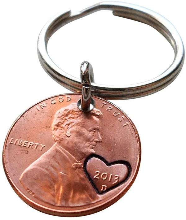 2013 Penny Keychain with Engraved Heart Around Year; 9 Year Anniversary Gift, Couples Keychain