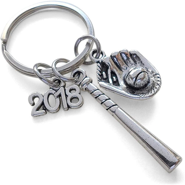 2018 Baseball Bat and Mitt Keychain and 2018 Charm - Glad to Have You on Our Team Keychain