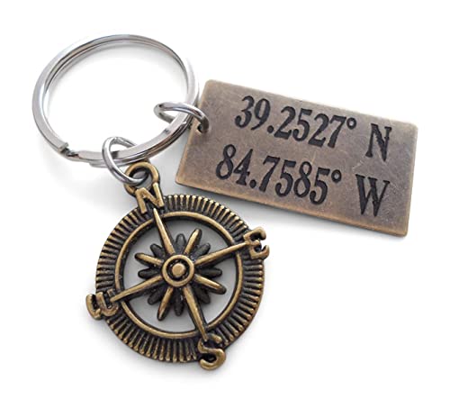 Custom Bronze Compass Keychain with Engraved Coordinates Tag for Couples or Best Friends, Anniversary Gift Keychain