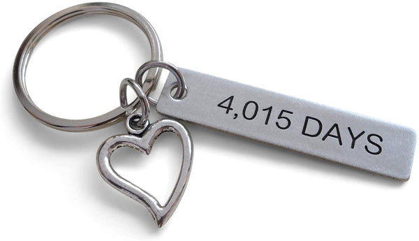 11 Year Anniversary Gift • Stainless Steel Tag Keychain Engraved w/ "4,015 Days" w/ Heart Charm by Jewelry Everyday