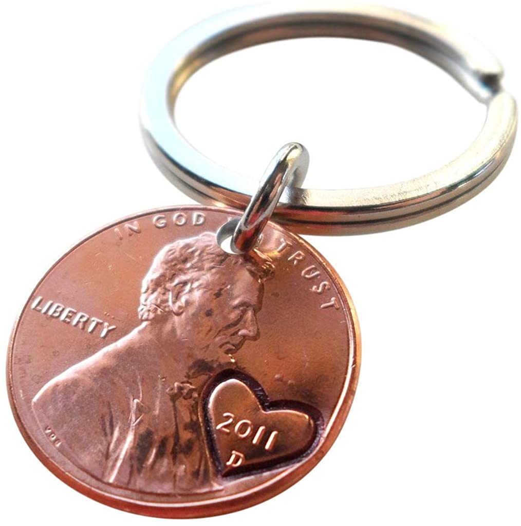 11 Year Anniversary Gift • 2011 Penny Keychain w/ Heart Around Year & Engraved Couples Keychain by Jewelry Everyday
