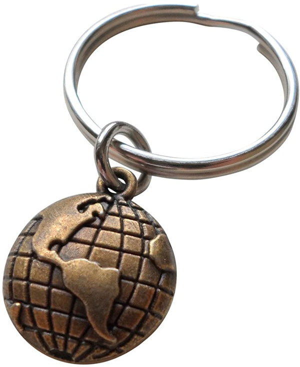 Bronze World Globe Keychain - You Mean The World To Me; 8 Year Anniversary Gift, Couples Keychain