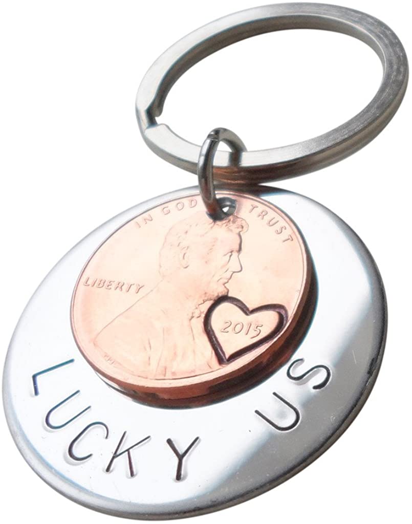 "Lucky Us" 2015 Penny Hand Stamped Keychain; 7 Year Anniversary Gift, Couples Keychain