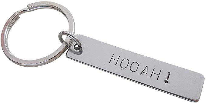 Army Keychain, "Hooah" Hand Stamped on Stainless Steel Keychain Tag
