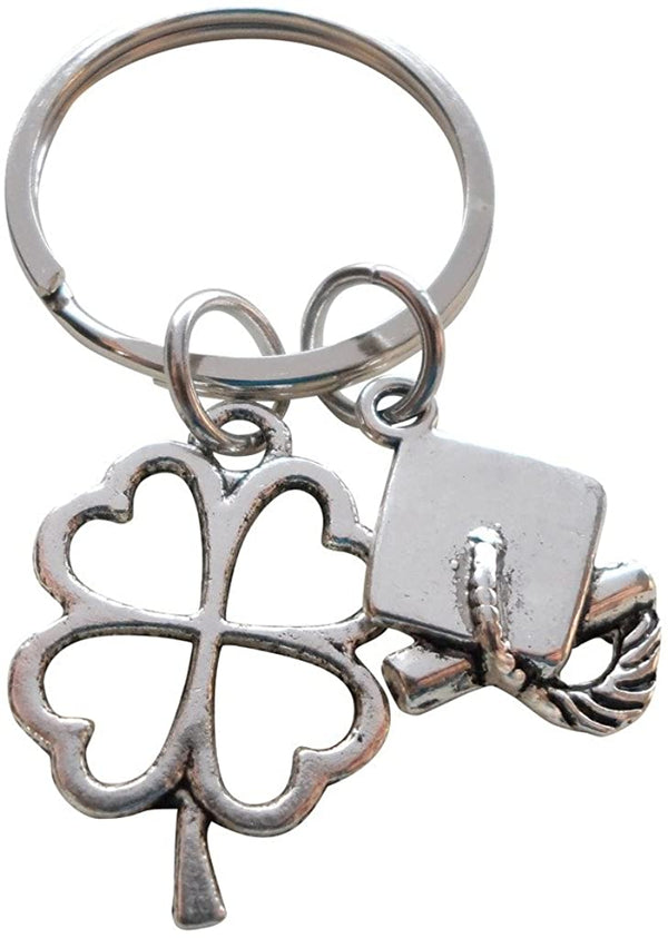 Clover Charm with Cap and Diploma Charm Graduation Keychain - Good Luck to the New Graduate; Graduation Gift