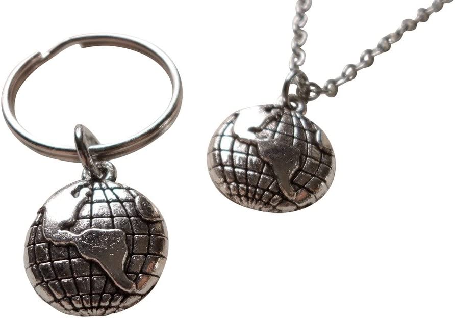 World Globe Necklace and Keychain Set - You Mean The World To Me; Couples Keychain Set