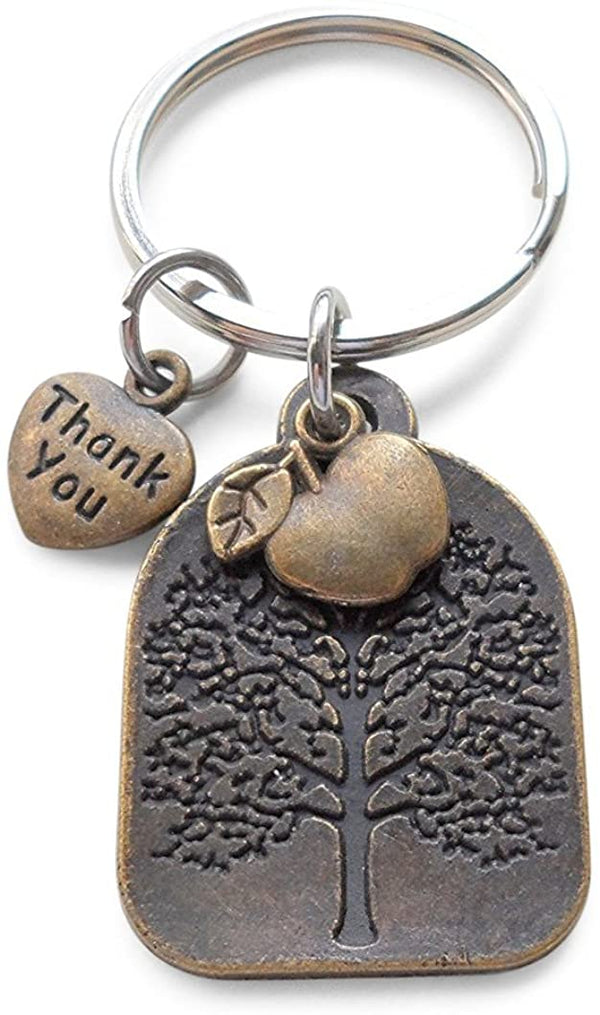 Teacher Appreciation Gifts • "Thank You" Tag, Bronze Tree, & Apple Keychain by JewelryEveryday w/ "Thanks for helping our students grow!" Card