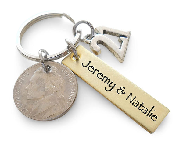 Custom Engraved Brass Keychain with Nickel & Number 21 Charm, 21 Year Anniversary Gift Keychain, Personalized Engraved Keychain