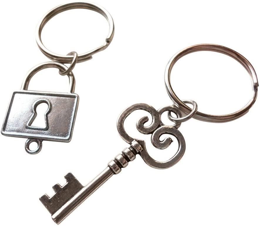 Square Lock and Key Keychain Set - You've Got The Key To My Heart; Couples Keychain Set