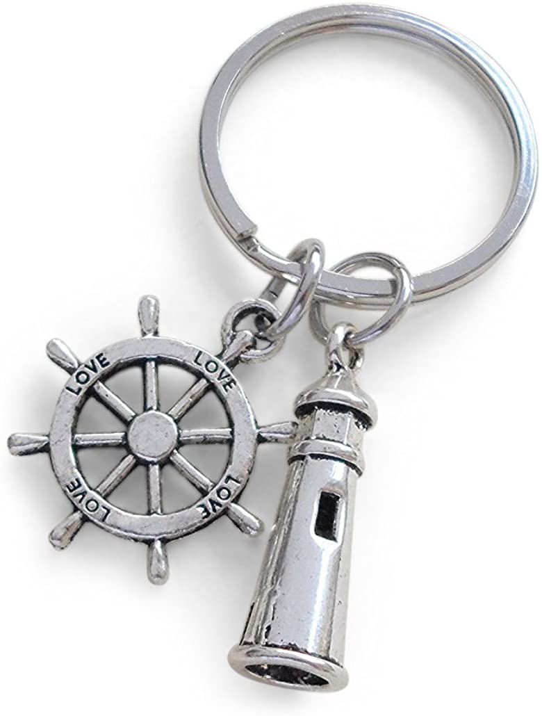 Lighthouse Keychain With Ships Helm -