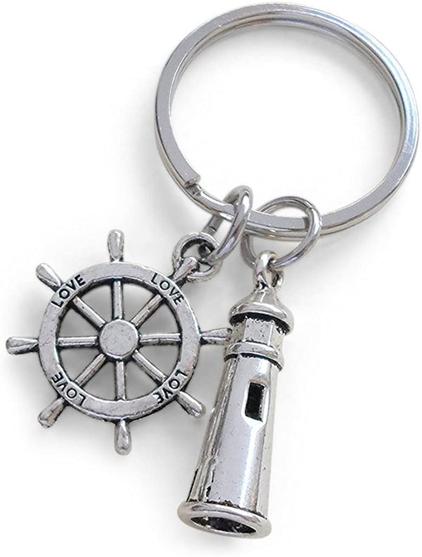 Lighthouse Keychain With Ships Helm - "Your Light Helps Guide Me Home"