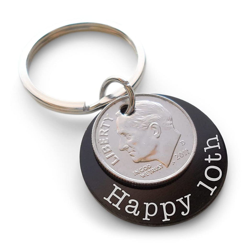 Custom Engraved Anodized Aluminum Disc Anniversary Keychain With Dime, Couples Keychain