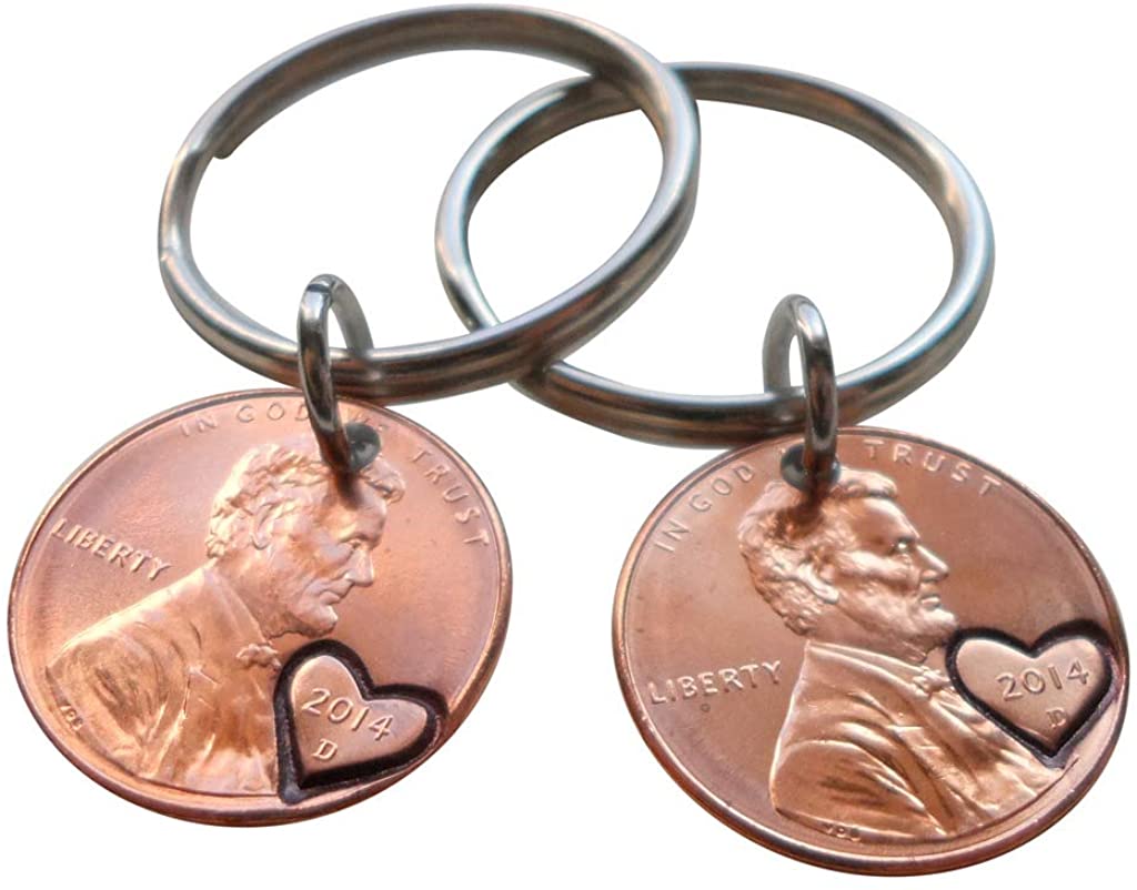 Double Keychain Set 2014 Penny Keychains with Engraved Heart Around Year; 8 Year Anniversary Gift, Couples Keychain